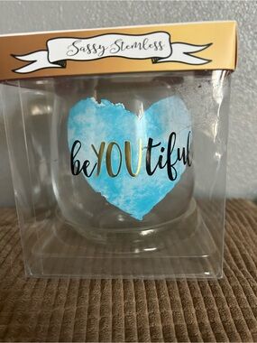 Sassy Stemless "beYOUtiful" Heart Stemless Glass - Blue & Gold